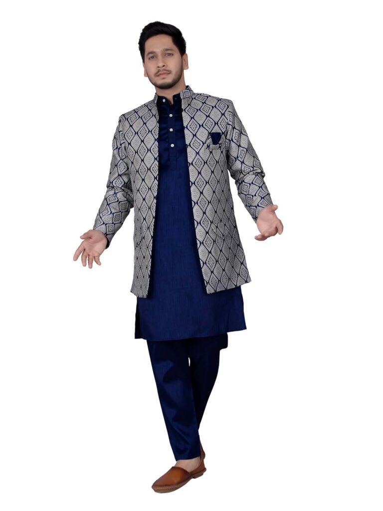 Amzira Men’s Heavy Jecquard Jacket Sherwani Set with Mandarin Collar Full Sleeves Button Closure Cotton Kurta and Solid Pyjama with Jacktes