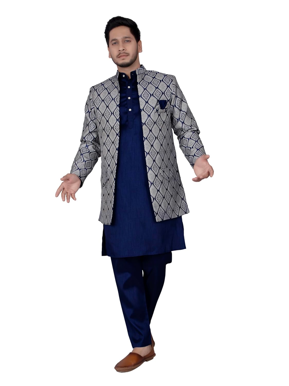 Amzira Men’s Heavy Jecquard Jacket Sherwani Set with Mandarin Collar Full Sleeves Button Closure Cotton Kurta and Solid Pyjama with Jacktes